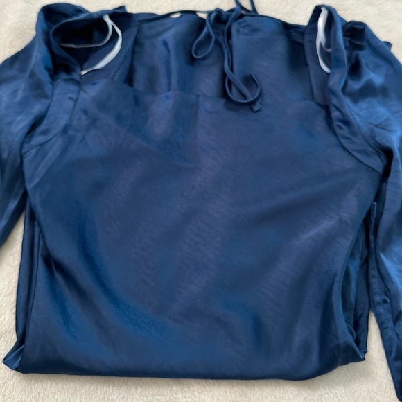 Lulus Adoring Charm Dark Blue Satin Long Sleeve Backless Mini Dress Size S NWT - Picture 8 of 17